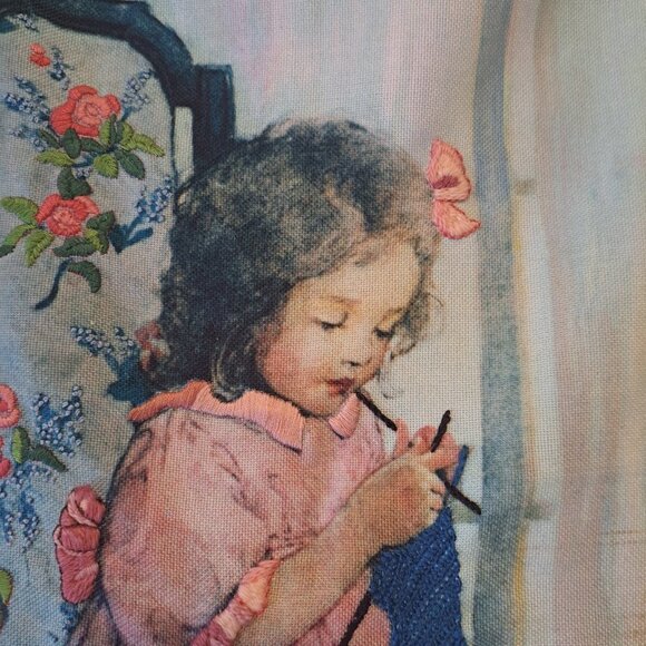 Vintage Tapestry Embroidered Girl Knitting mAde in Usa 19IN x 15IN - Picture 6 of 10